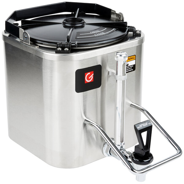 A stainless steel Grindmaster coffee shuttle with a black lid and a handle.