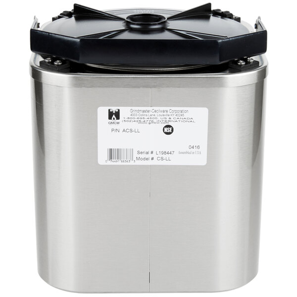 A Grindmaster stainless steel coffee shuttle with a black lid.