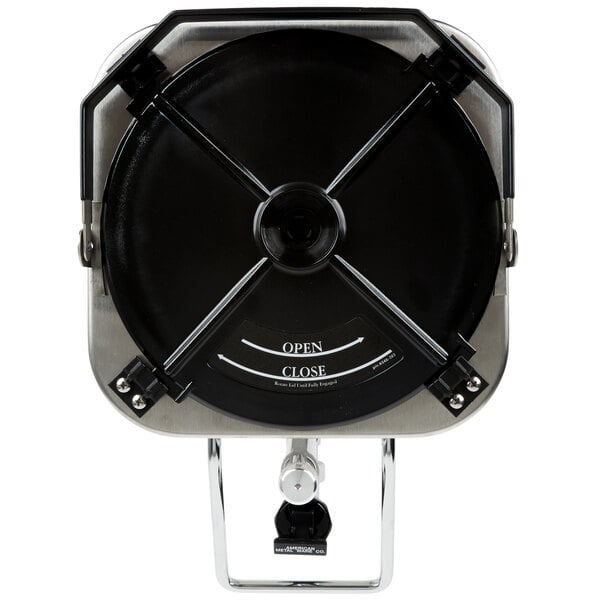 A close-up of a black and silver Grindmaster stainless steel coffee shuttle.