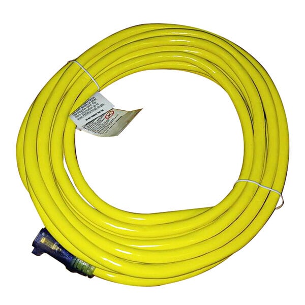 A yellow Sandia extension cord with a white label.
