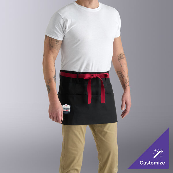 Uncommon Chef 3103 Black Customizable Poly-Cotton Beltway Waist Apron with Red Webbing and 3 Pockets - 14" x 30"
