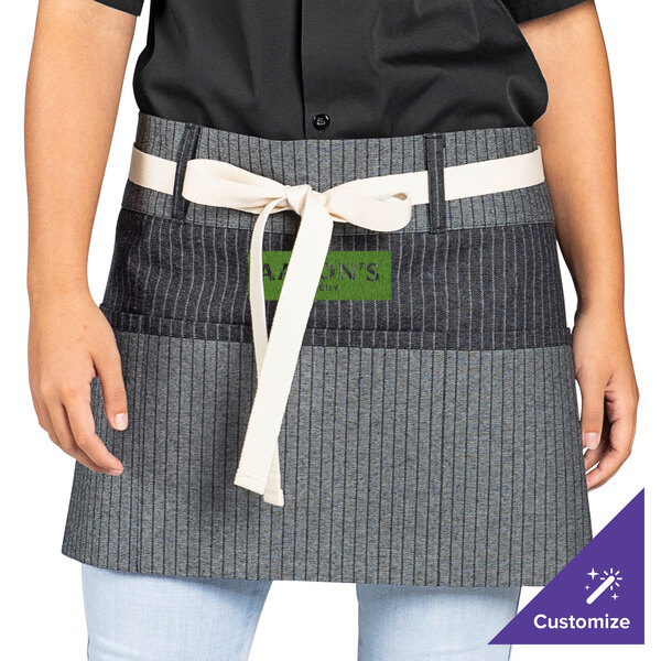 Uncommon Chef 3103 Pinstripe Customizable 100% Cotton Denim Beltway Waist Apron with Natural Webbing and 3 Pockets - 14" x 30"