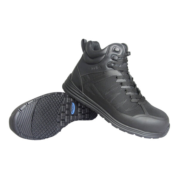 A pair of Men's black 5180 Fangs industrial safety shoes with a close up of the sole.