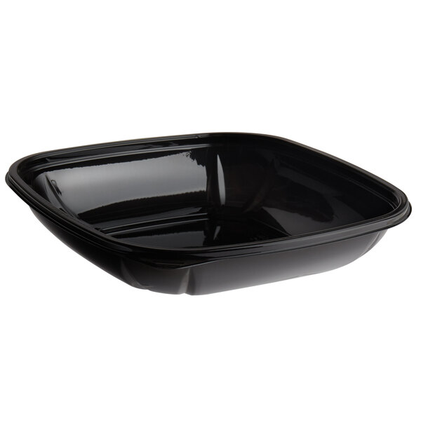 A black square Fineline PET plastic bowl with a black lid.