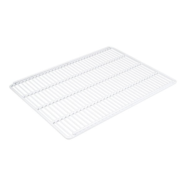 A white coated wire shelf for an Avantco merchandiser with a metal grid.