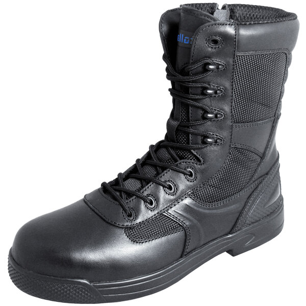 A black Genuine Grip tactical boot with laces.