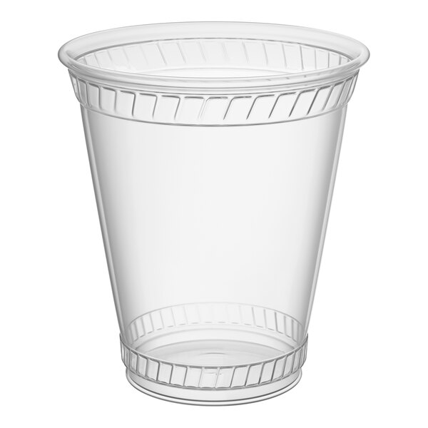 A clear 12 oz. plastic cup with a slightly squat shape and decorative ridges near the rim and base.