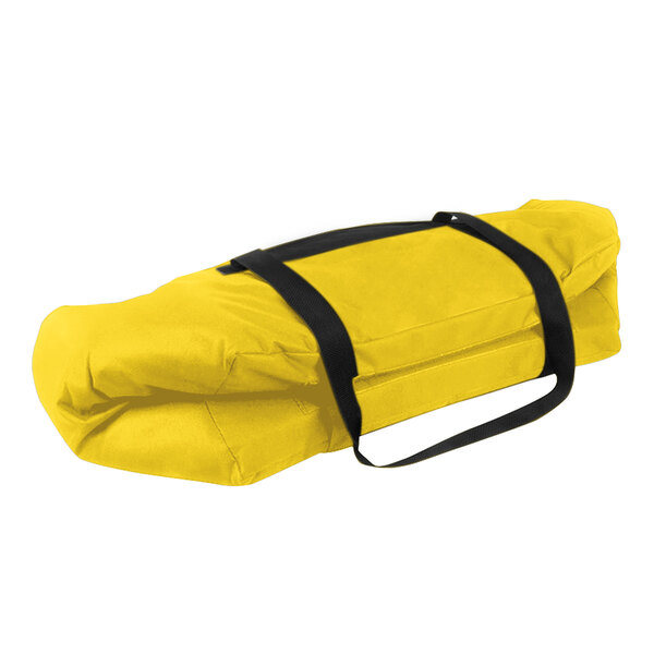 A yellow Sterno insulated food carrier with black straps.
