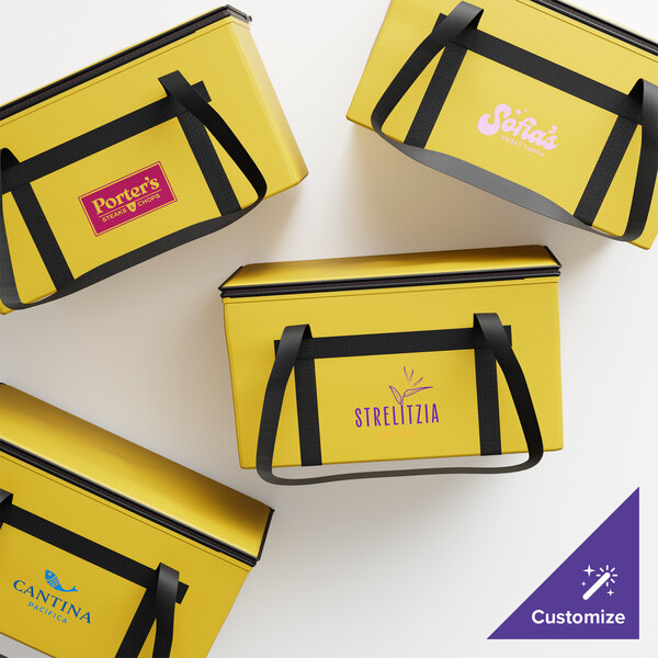 A yellow Sterno insulated food carrier with black straps.