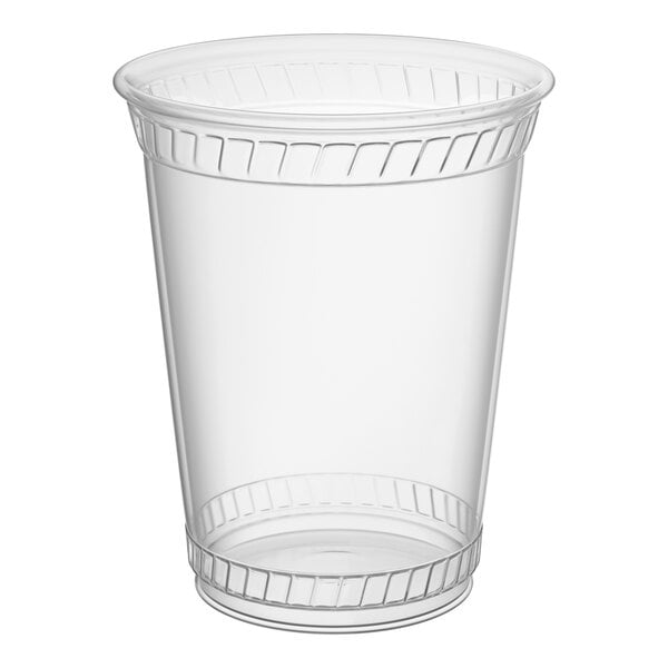 A clear 12 oz. plastic cup with a slightly flared rim and vertical ridges near the top and bottom.