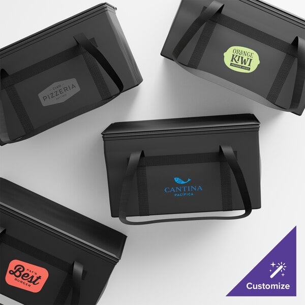 A black Sterno food carrier with a green label and handle.