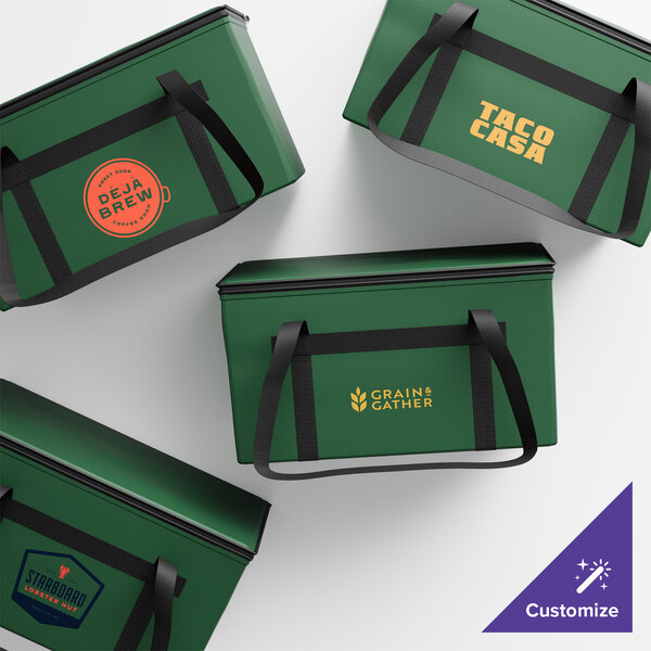 A green Sterno insulated food carrier with black straps.