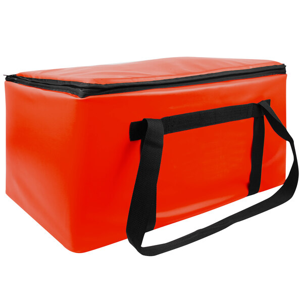 A red Sterno insulated food carrier with black straps.