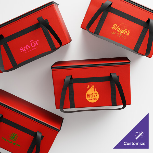 A red Sterno food carrier with black straps.