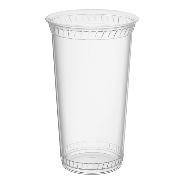 A clear, 24 oz. plastic cup with a slightly flared rim and customizable surface.