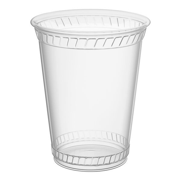 A clear 16 oz. plastic cup with a slightly flared rim and vertical ridges near the top and bottom.