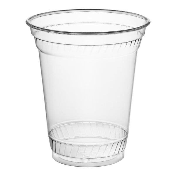 A clear plastic cup with a slightly flared rim and subtle horizontal ridges near the top and bottom.