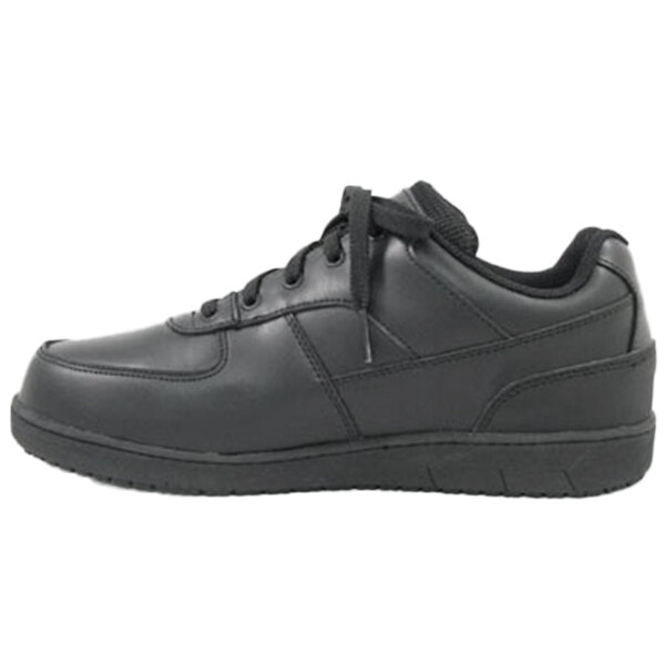 A black leather women's Genuine Grip Sport Classic shoe with laces.