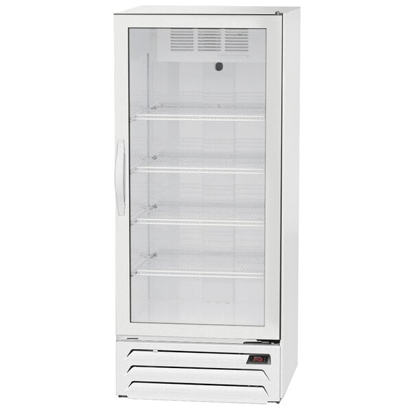 A white Beverage-Air glass door refrigerator with shelves.