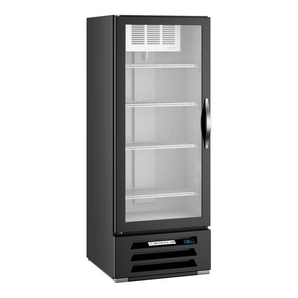 A black refrigerated glass door merchandiser with a left-hinged door and multiple shelves.
