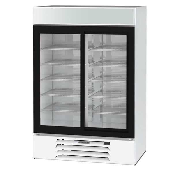 A white Beverage-Air MarketMax glass door refrigerator with two shelves.
