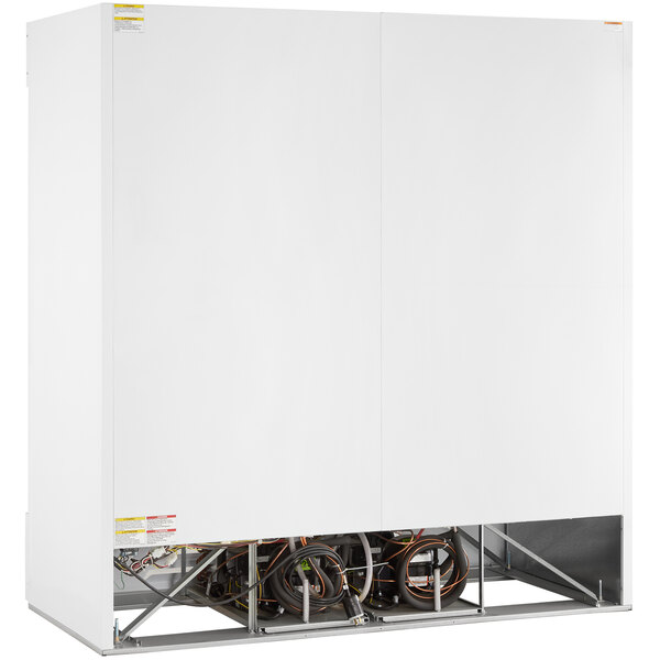 A white Beverage-Air glass door merchandising freezer with two compartments.