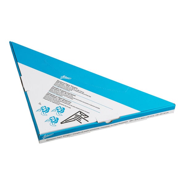 A triangular blue and white cardboard box with printed text and graphics on the top surface.