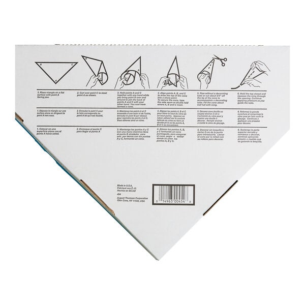 A triangular box with illustrated step-by-step instructions for folding a parchment triangle into a pastry bag, including diagrams and text in multiple languages.