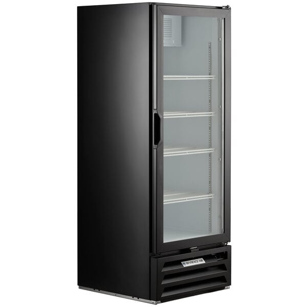 A Beverage-Air black glass door merchandising freezer.