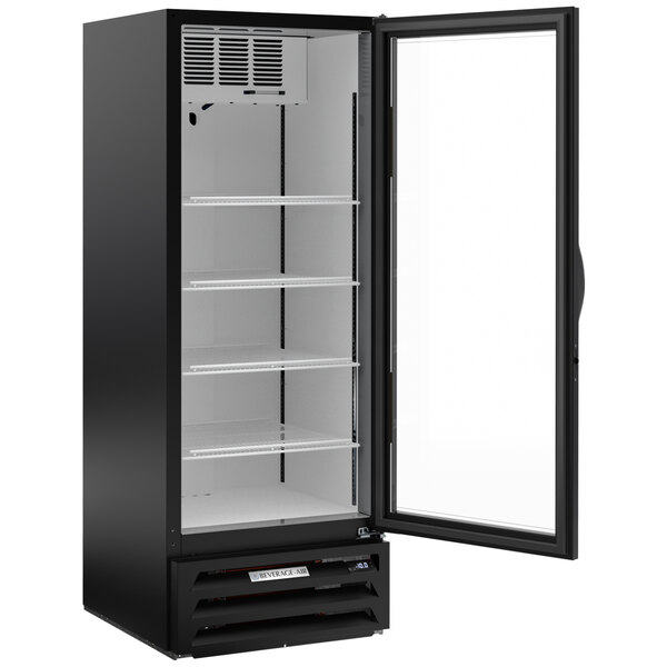 A black glass door merchandising freezer with a black interior and multiple adjustable shelves.