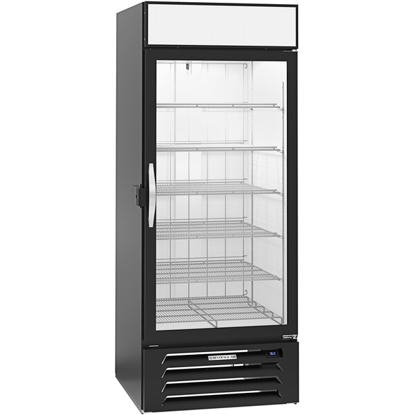 A black Beverage-Air glass door merchandiser freezer.