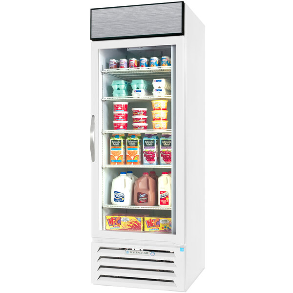 A Beverage-Air white glass door refrigerator with stainless steel interior.