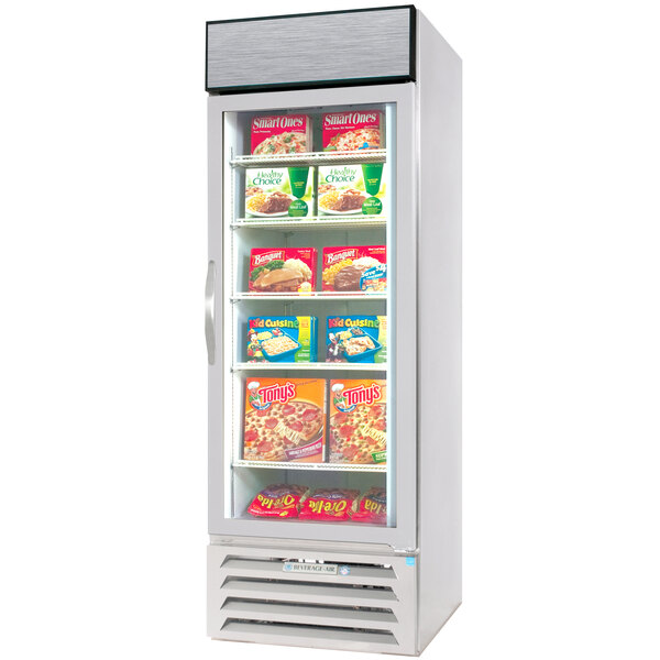 A white glass door merchandising freezer with a left-hinged door, black interior, and multiple shelves stocked with frozen food items.