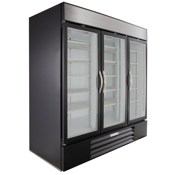 A Beverage-Air black glass door merchandising freezer.