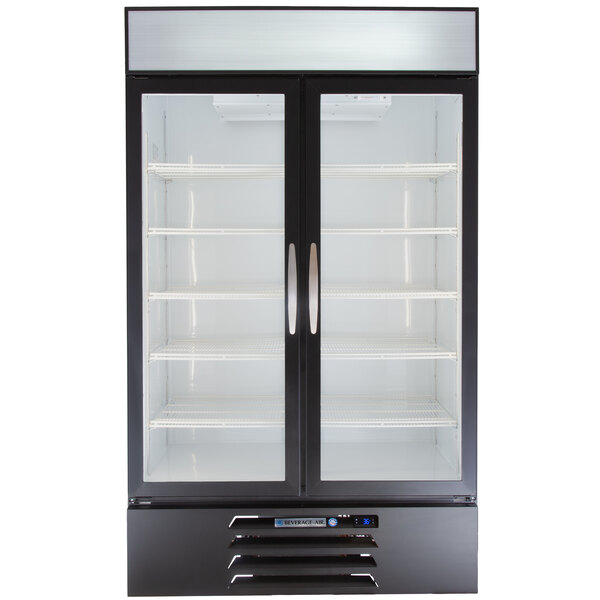 A black Beverage-Air MarketMax glass door refrigerator.
