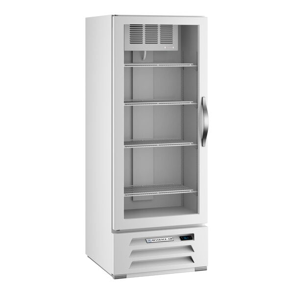 A white refrigerated glass door merchandiser with four shelves and a left-hinged door.
