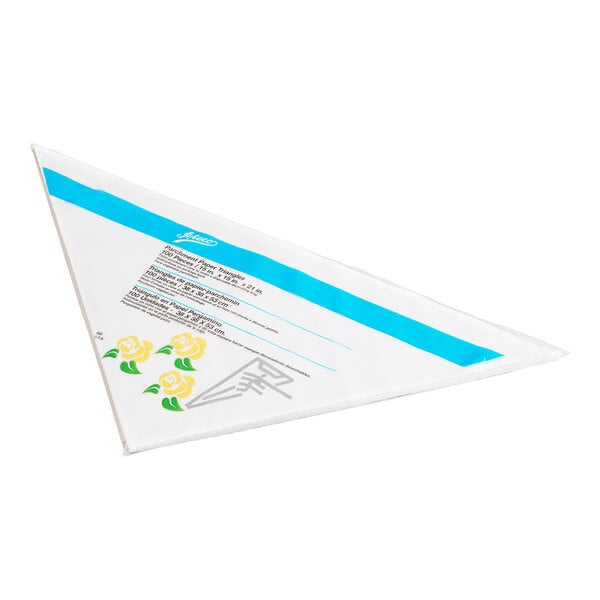 A triangular disposable pastry bag with blue and yellow floral designs and printed text on a white background.