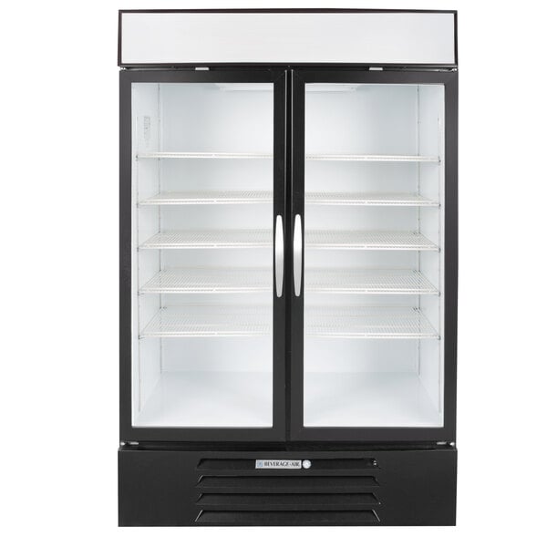 A black Beverage-Air MarketMax double glass door freezer.