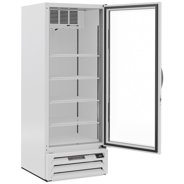 A Beverage-Air MarketMax white glass door merchandising freezer.