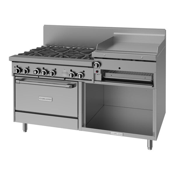 A commercial stainless steel 60-inch range with six burners, a raised griddle/broiler, a standard oven, and a storage base.