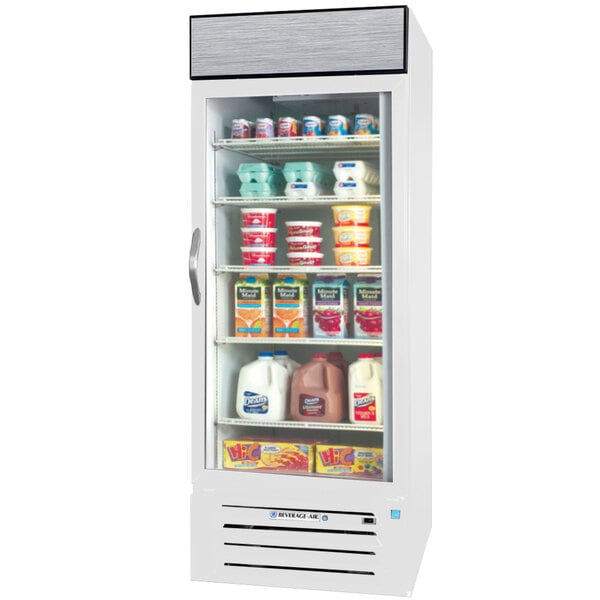 A white Beverage-Air glass door refrigerator filled with dairy products.