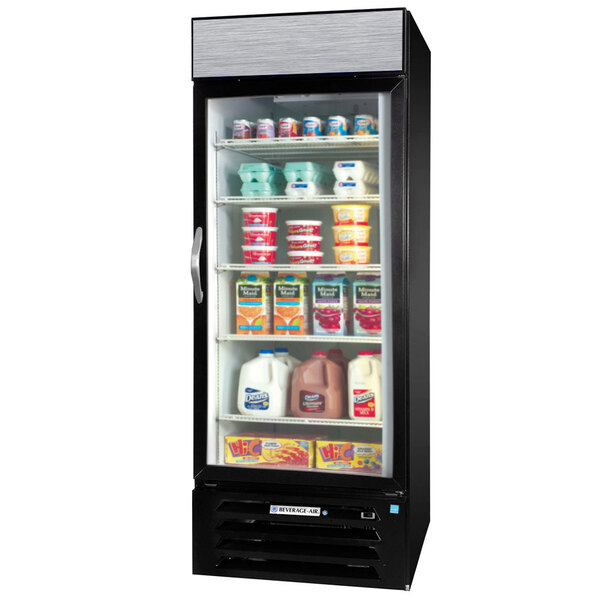 A Beverage-Air black refrigerated glass door merchandiser full of dairy products with a white jug of milk inside.