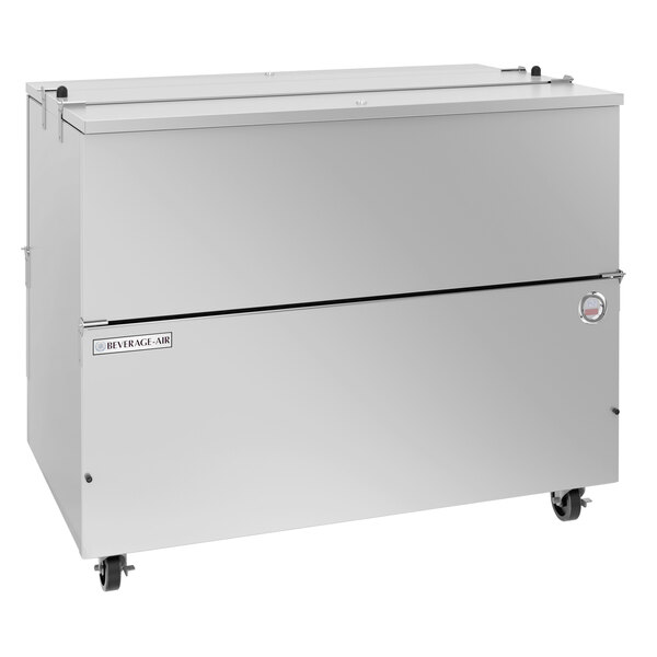 A stainless steel Beverage-Air milk cooler on wheels.