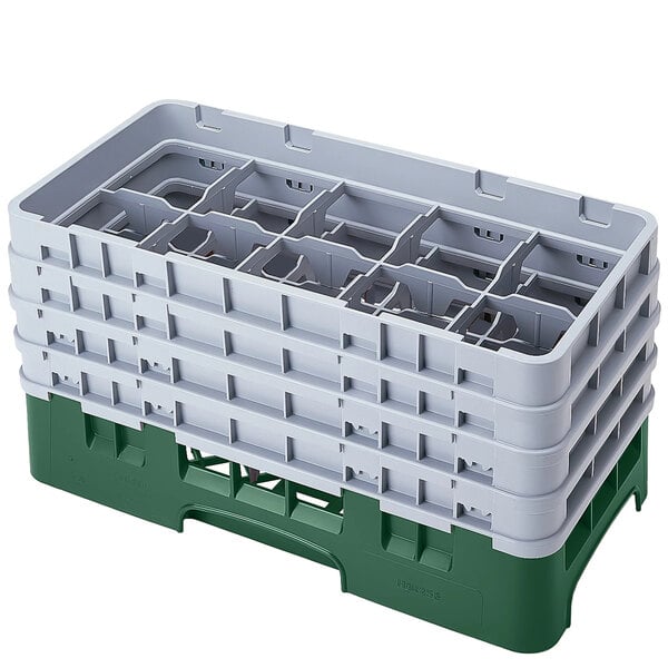 A white and green plastic Cambro glass rack with 10 compartments.