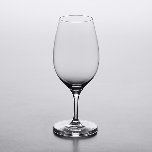 A close-up of an empty Spiegelau Oslo red wine glass.