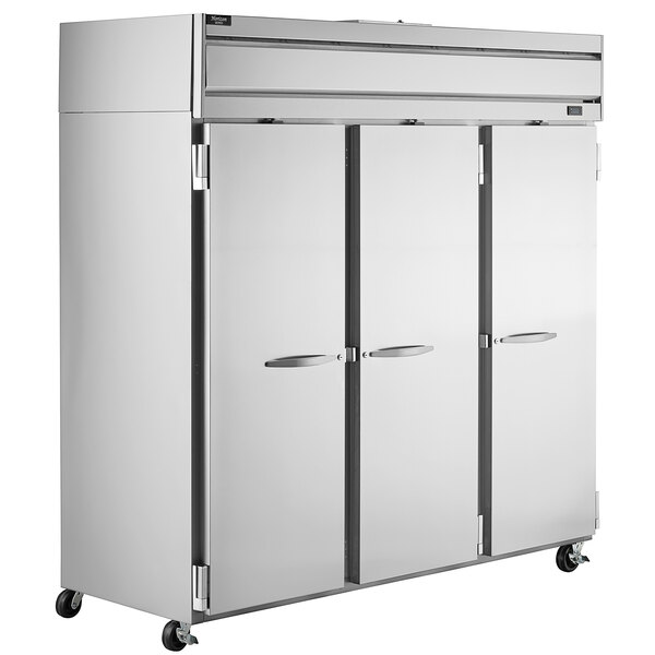 A Beverage-Air Horizon Series glass door reach-in refrigerator on wheels.