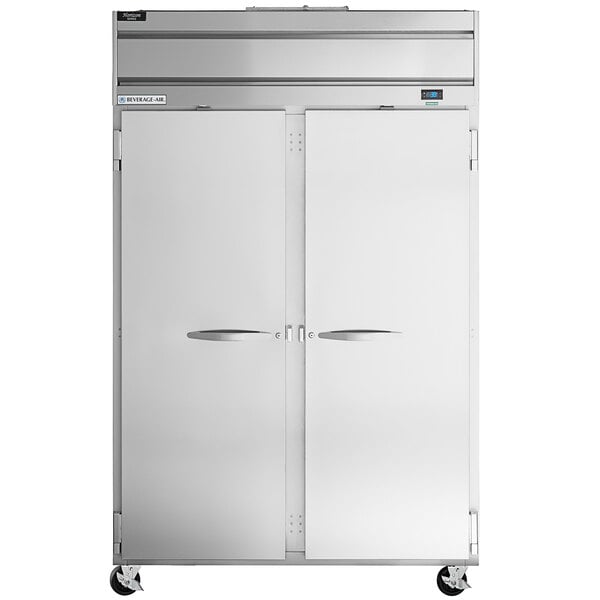 A stainless steel Beverage-Air reach-in refrigerator with two solid doors.