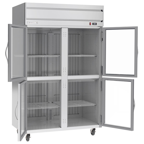 A white Beverage-Air reach-in refrigerator with two half glass doors.