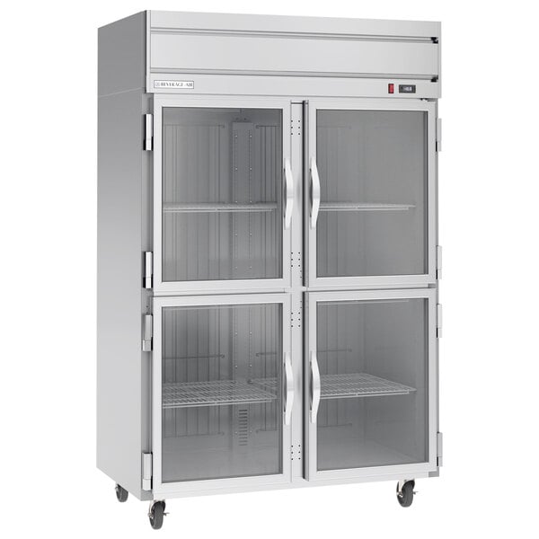 A white Beverage-Air reach-in refrigerator with half glass doors.