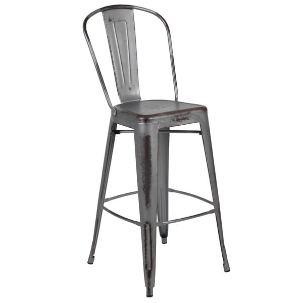 A Flash Furniture distressed silver metal bar stool with a vertical slat back.